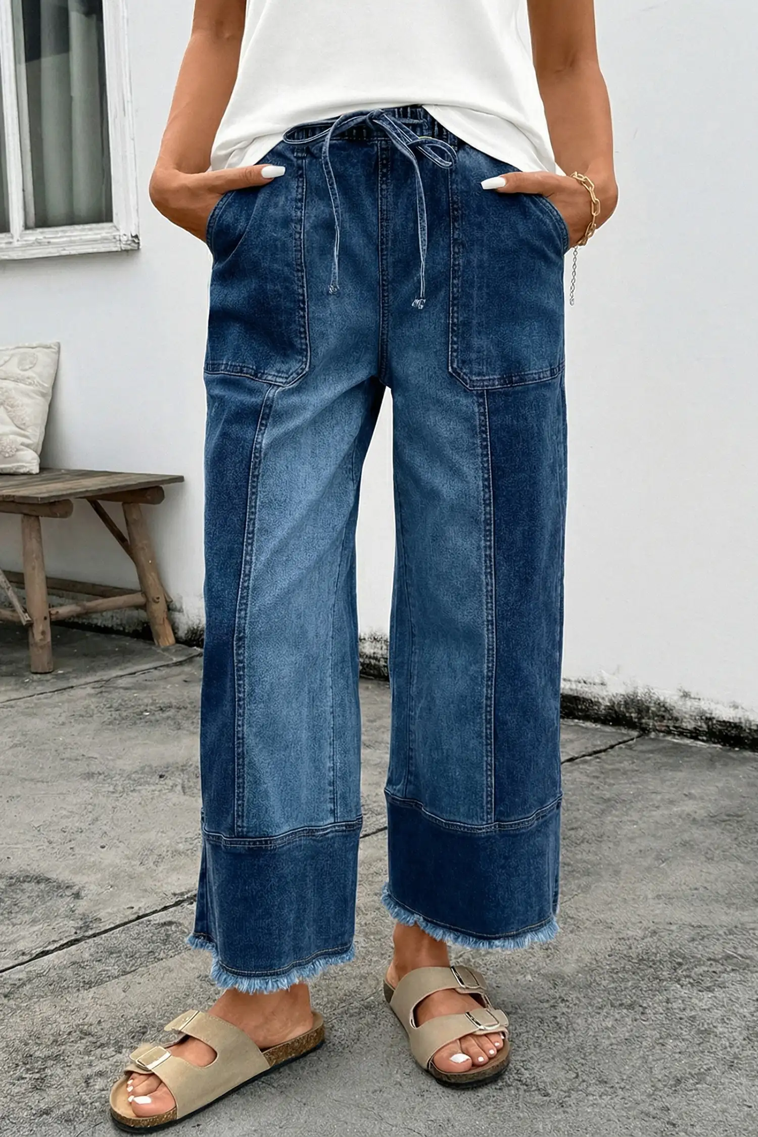 Prussian Blue Drawstring Wide-Leg Denim Pants with Raw Hem