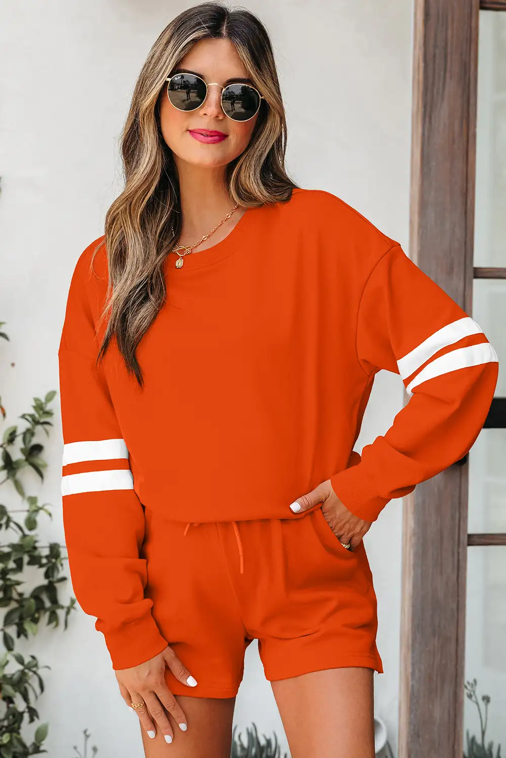 Orange Varsity Stripe Drop-Shoulder Two-Piece Set