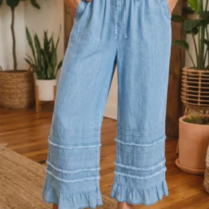 Beau Blue Chambray Wide-Leg Pants with Ruffled Hem