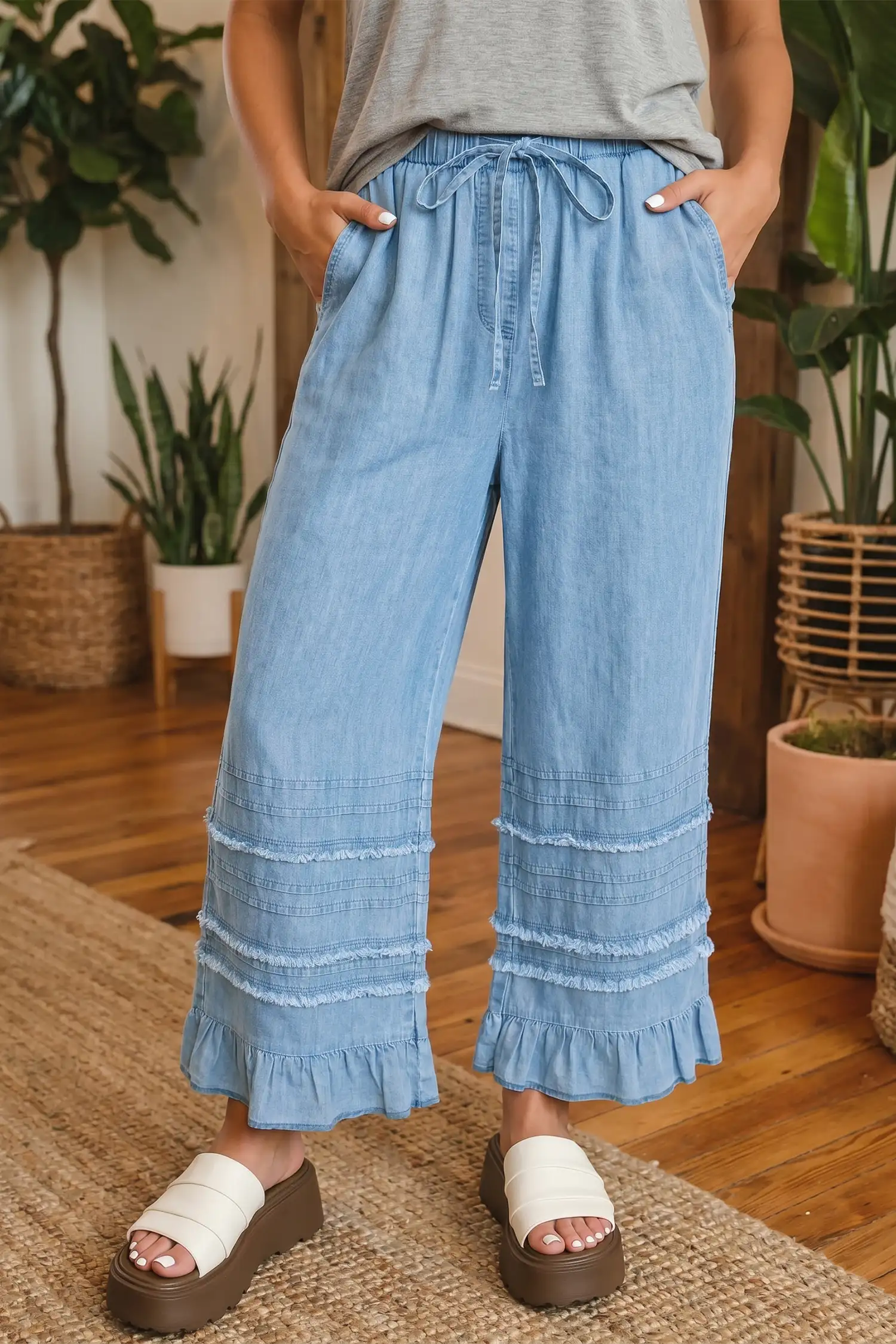 Beau Blue Chambray Wide-Leg Pants with Ruffled Hem