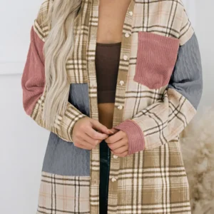Pink Plaid Color Block Corduroy Jacket