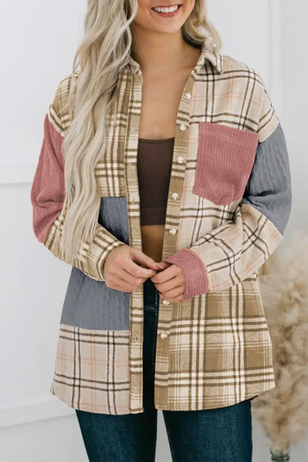 Pink Plaid Color Block Corduroy Jacket