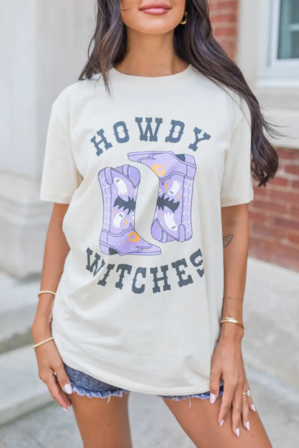 White HOWDY WITCHES Western Boots Crewneck T Shirt