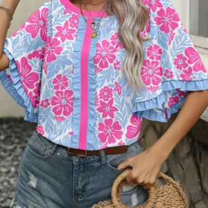 Rose Floral Ruffled Color-Block Blouse – Half-Sleeve Viscose