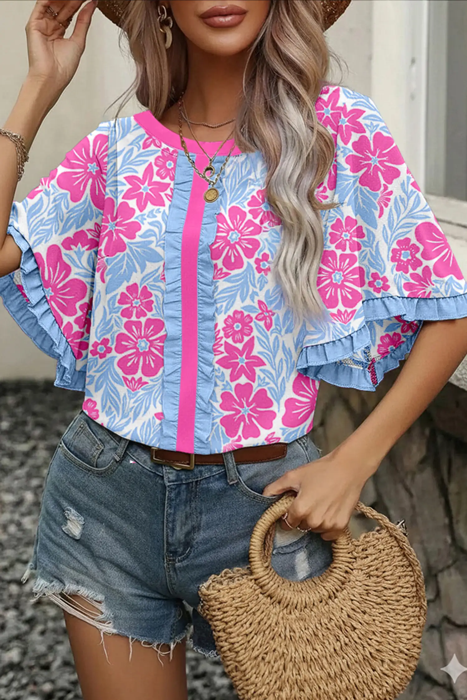 Rose Floral Ruffled Color-Block Blouse – Half-Sleeve Viscose