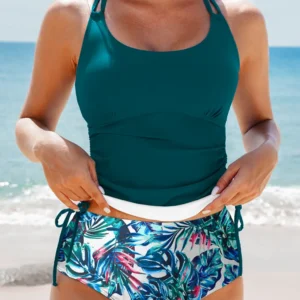 Sea Green Color-Block Drawstring Tankini 2pc Set