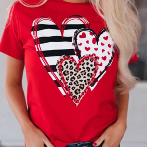 Red Leopard Print Heart Shaped Crew Neck T Shirt