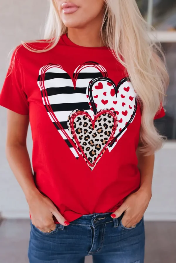 Red Leopard Print Heart Shaped Crew Neck T Shirt