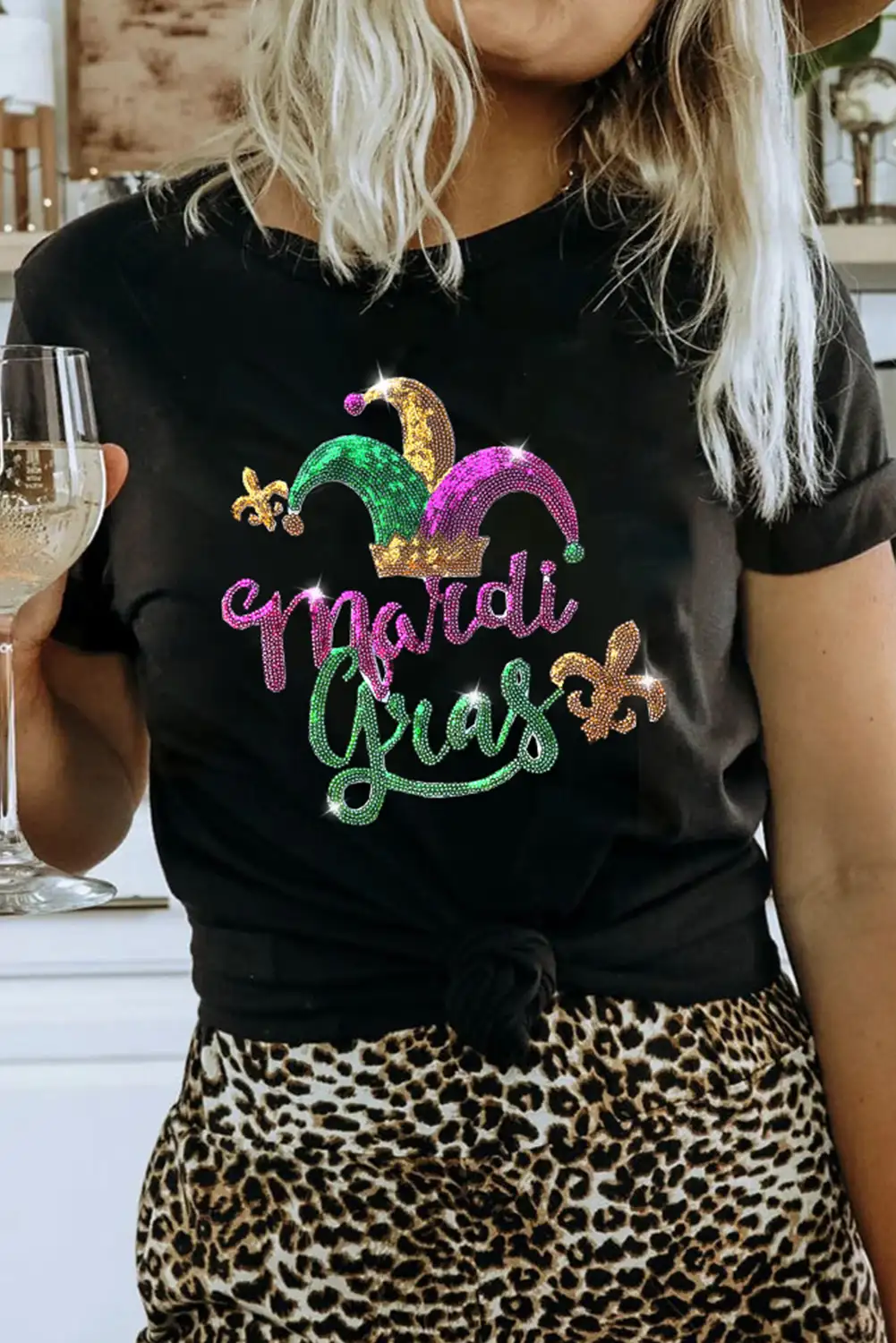 Black Sequin Mardi Gras Crew Neck T Shirt