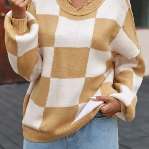 Chic Khaki Checkered Bishop Sleeve Sweater
