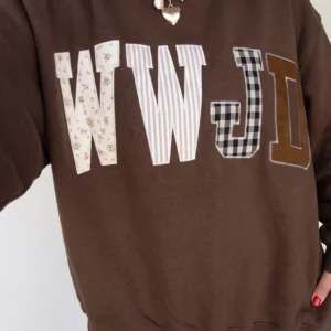 Coffee WWJD Patchwork Embroidered Mock-Neck Sweatshirt