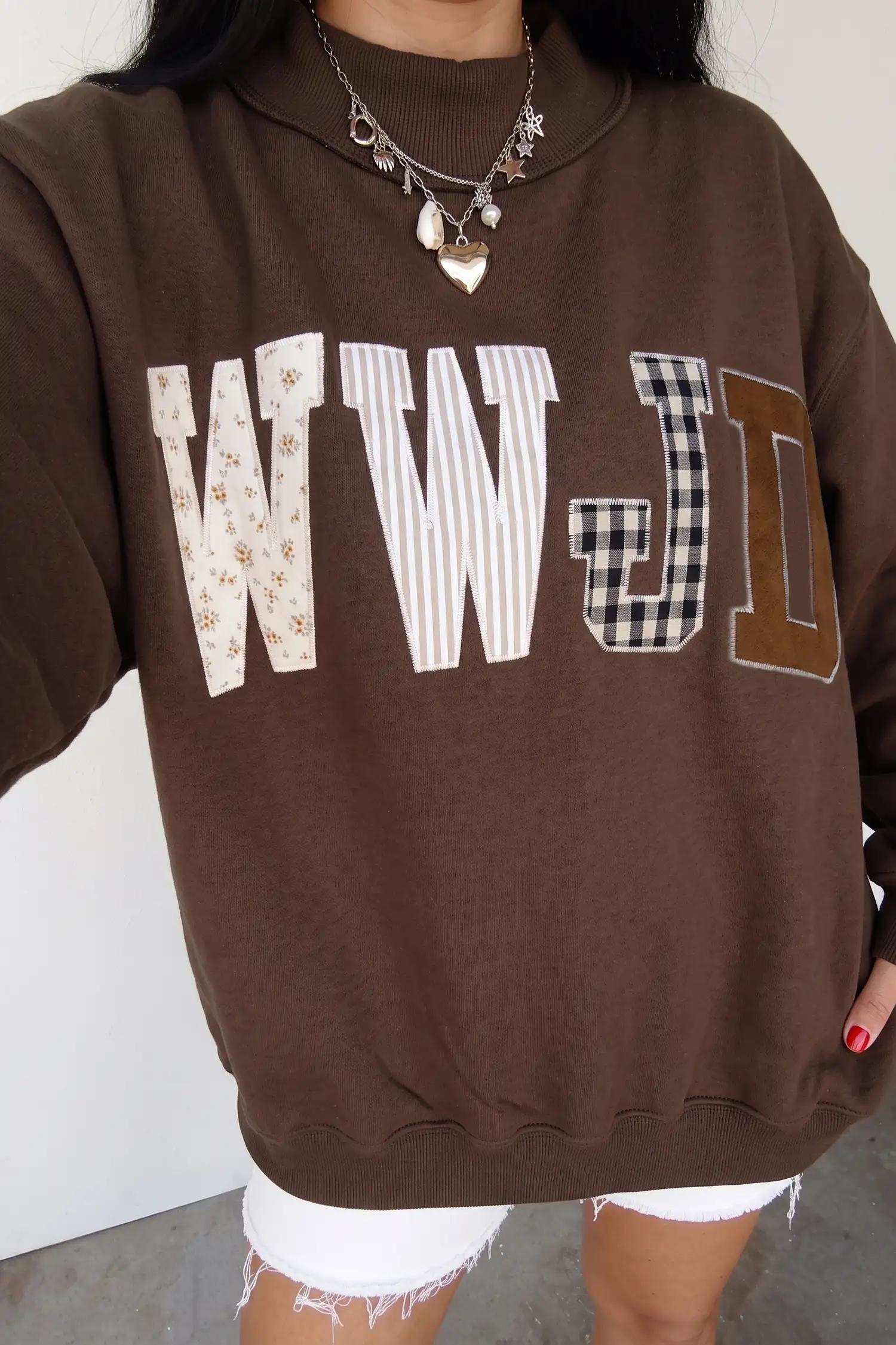 Coffee WWJD Patchwork Embroidered Mock-Neck Sweatshirt