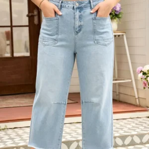 Beau Blue Plus Size Patch Pocket Shift Jeans with Raw Hem
