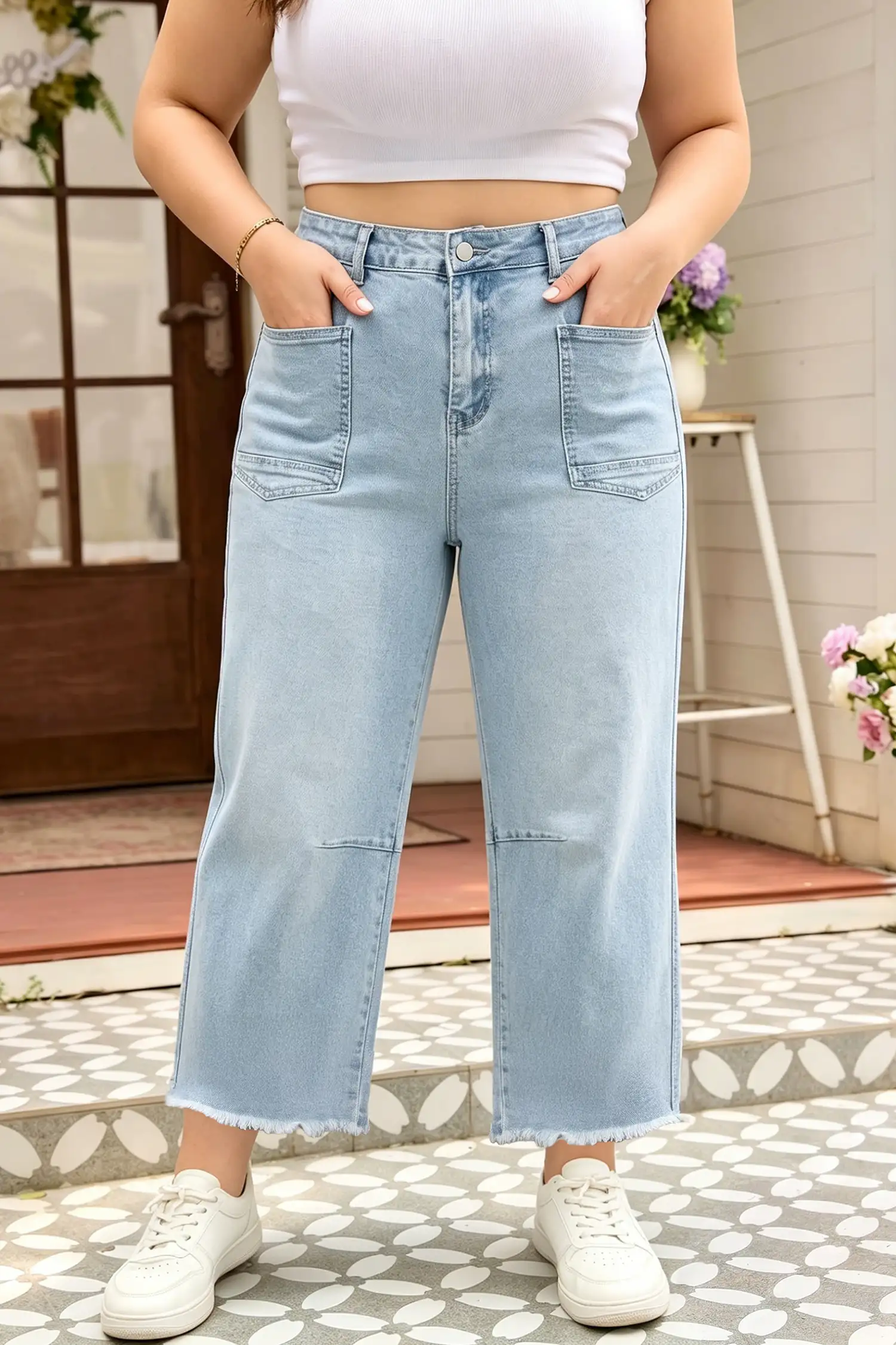 Beau Blue Plus Size Patch Pocket Shift Jeans with Raw Hem