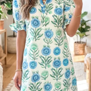 Sky Blue Floral Half-Button Frilly Dress