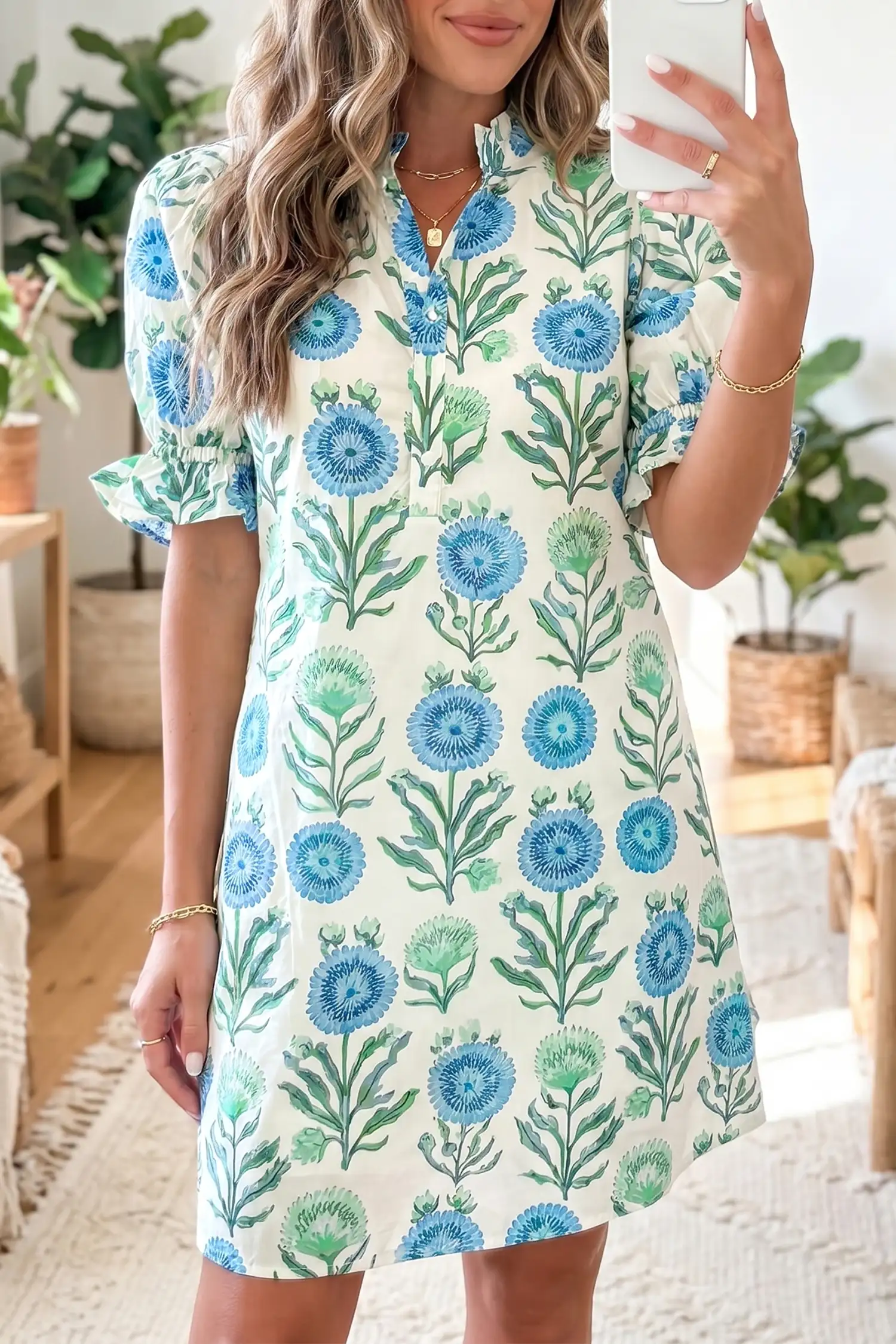 Sky Blue Floral Half-Button Frilly Dress
