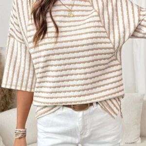 Apricot Stripe Textured Knit Top - Loose Fit, Split Hem, Half Sleeve