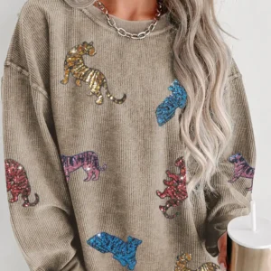 Khaki Sequin Animal Print Sweatshirt
