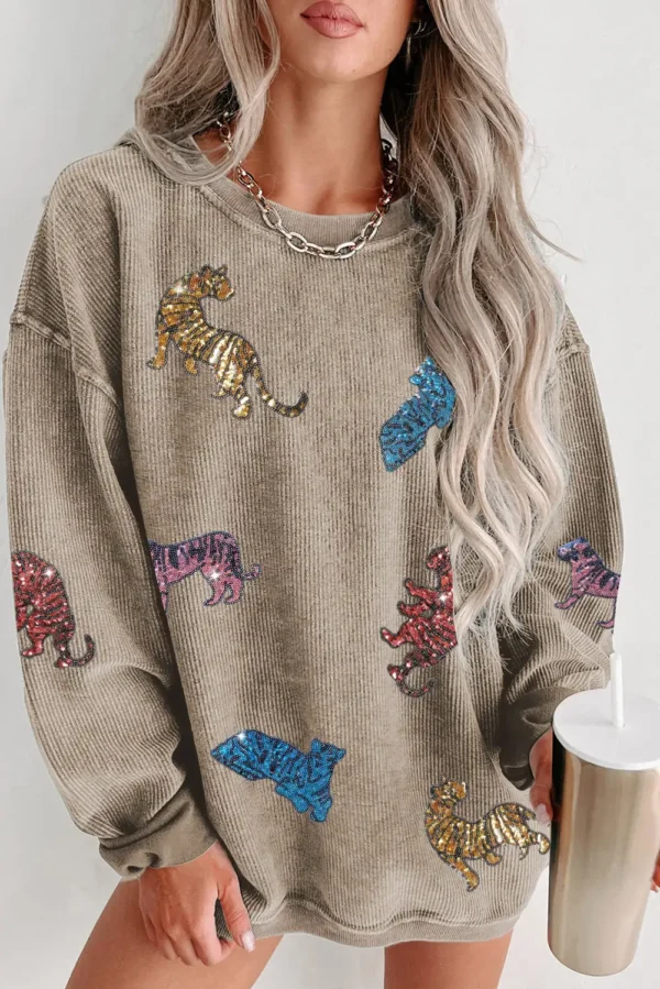 Khaki Sequin Animal Print Sweatshirt