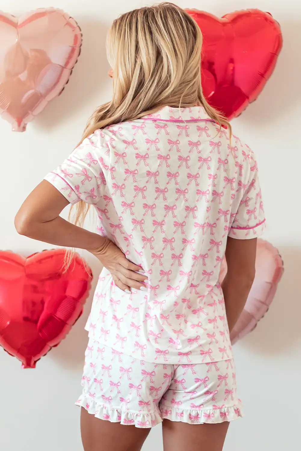 Bowknot print pajama set in soft window light