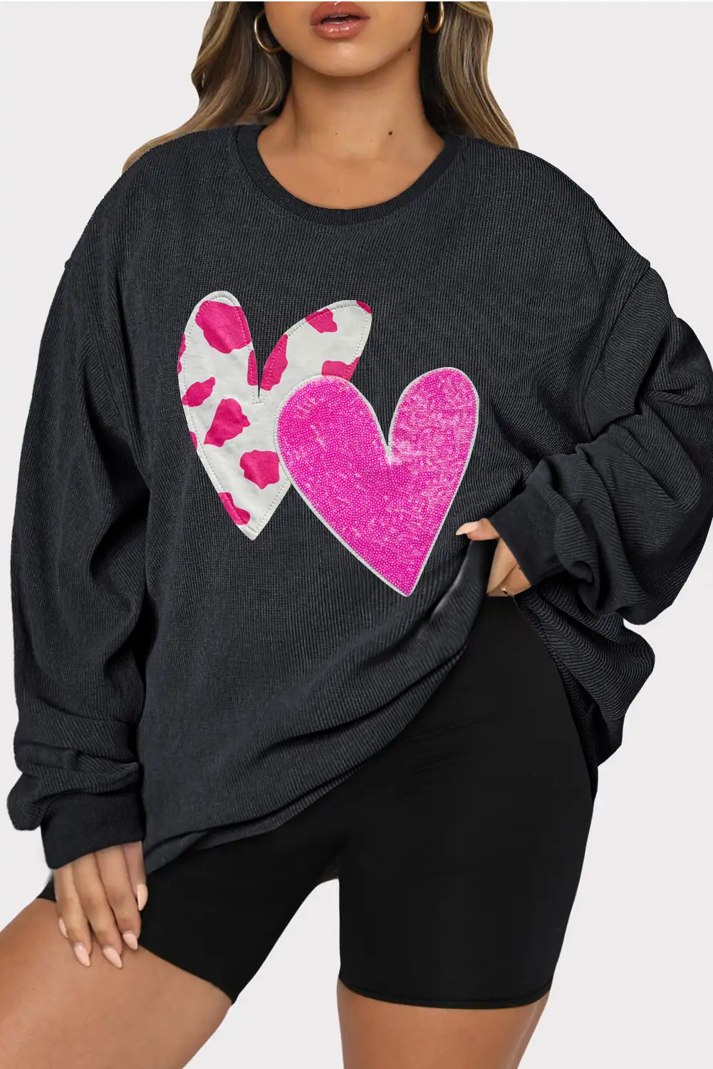 Black Double Heart Corded Sweatshirt