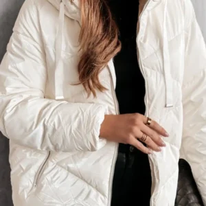 White Solid Quilted Hooded Zip-Up Puffer Coat