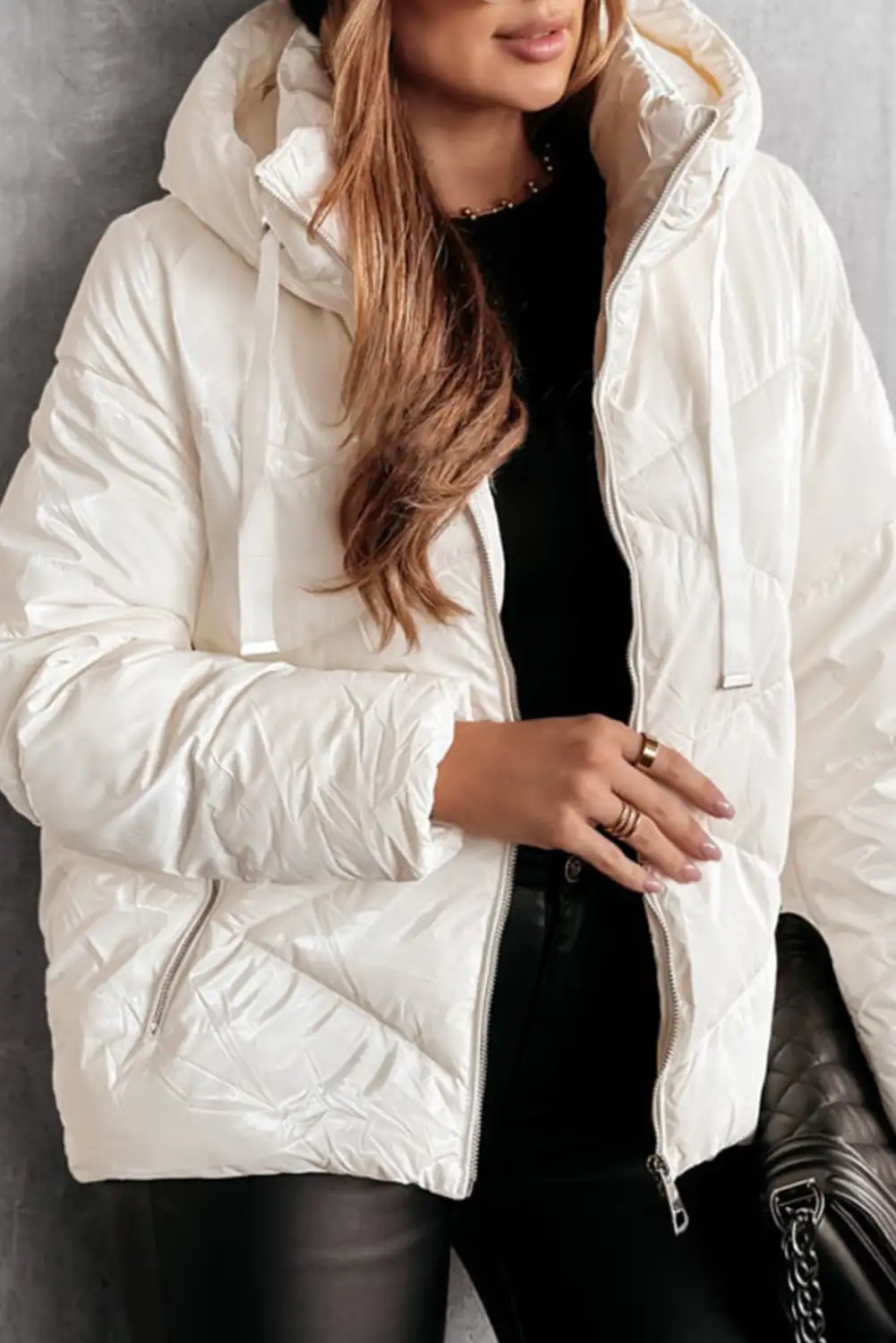 White Solid Quilted Hooded Zip-Up Puffer Coat