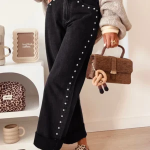 Black Studded Detail Straight-Leg Jeans