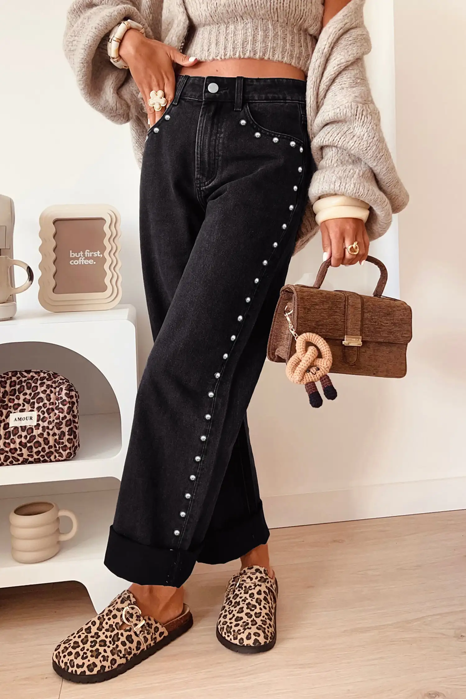 Black Studded Detail Straight-Leg Jeans
