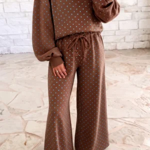 Brown Polka Dot Drawstring Wide-Leg Two-Piece Set