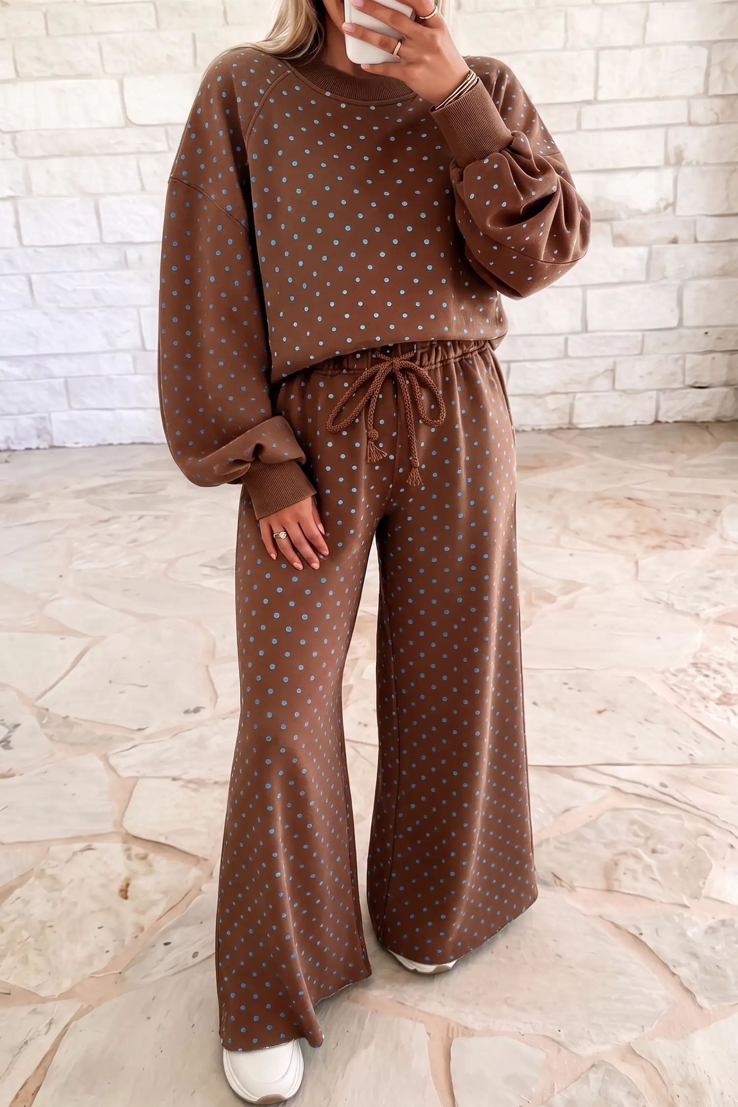 Brown Polka Dot Drawstring Wide-Leg Two-Piece Set