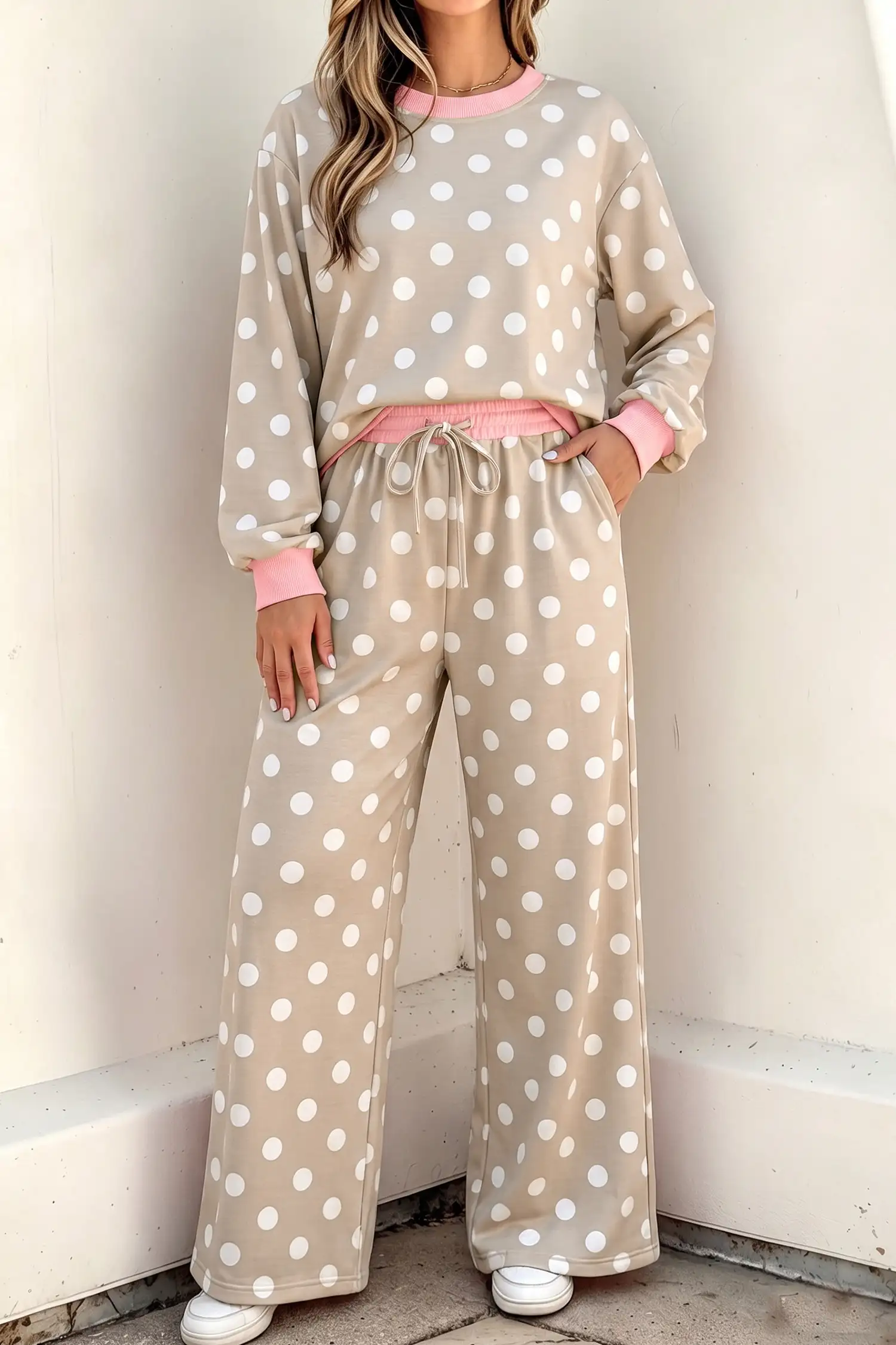 Khaki Polka Dot Colorblock Two-Piece Set
