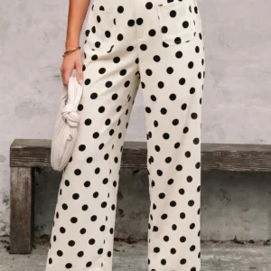 White Polka Dot Patch Pockets Wide-Leg Pants