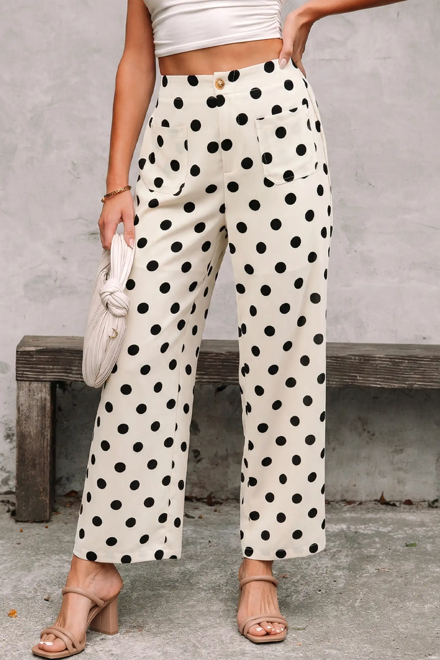 White Polka Dot Patch Pockets Wide-Leg Pants