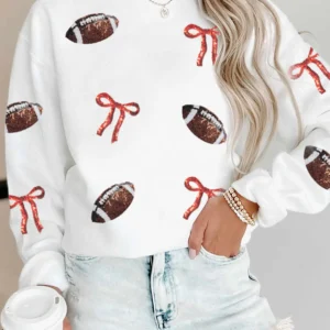White Sequin Bow Graphic Rugby Sweatshirt
