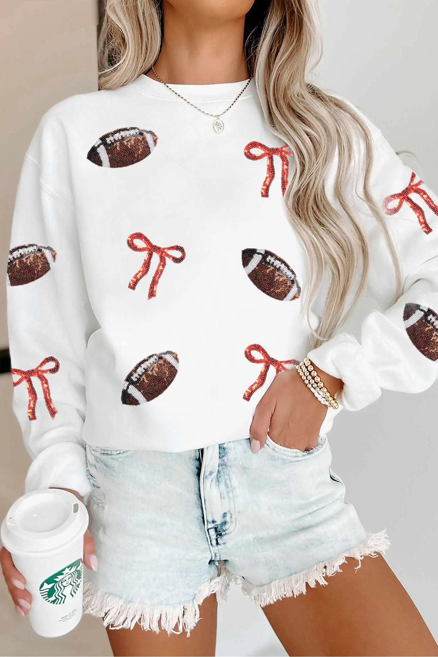 White Sequin Bow Graphic Rugby Sweatshirt