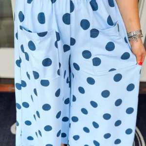 Sky Blue Polka Dot Wide-Leg Pants with Elastic Waist - Plus Size