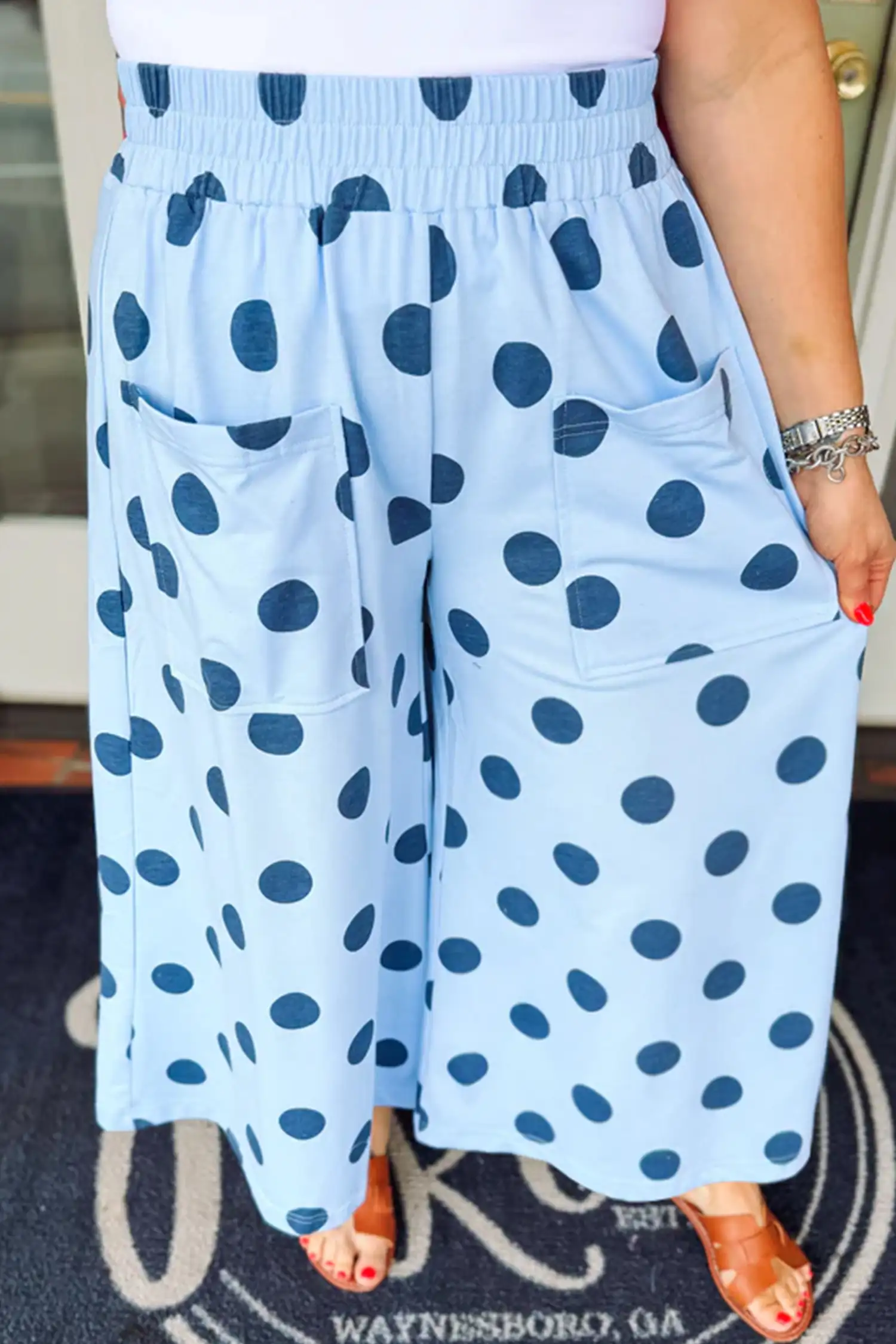 Sky Blue Polka Dot Wide-Leg Pants with Elastic Waist - Plus Size