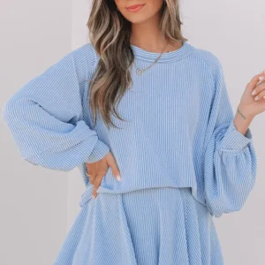 Sky Blue Corded Lantern-Sleeve Two-Piece Set with High-Waist Mini Skirt