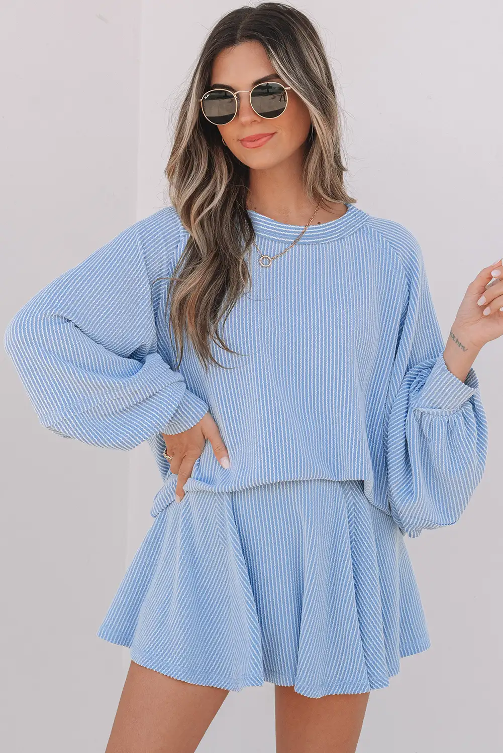 Sky Blue Corded Lantern-Sleeve Two-Piece Set with High-Waist Mini Skirt