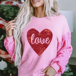 Sparkling Pink Heart Sequined Sleeve Sweatshirt Perfect for Fall and Valentine's Day Graphic Fashion
