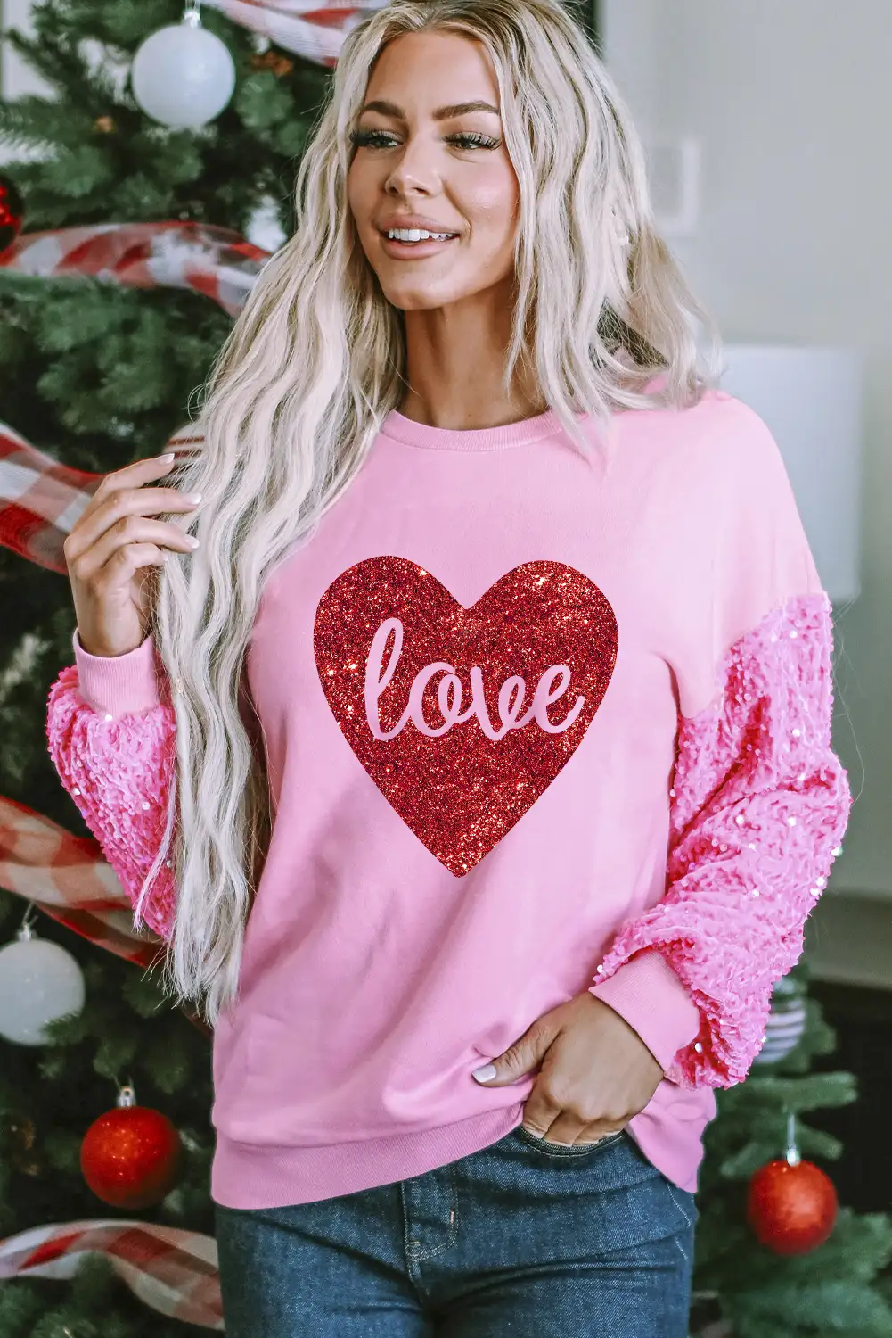 Pink Shiny Heart Sequined Sleeve Sweatshirt