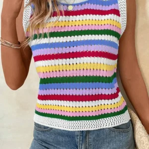Multicolor Striped Knitted Eyelet Sleeveless Sweater Vest for Casual Chic Style