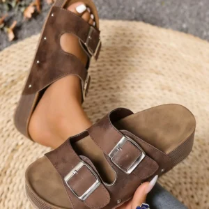 Coffee Retro Buckle Platform Slippers - PU Leather & Faux Suede