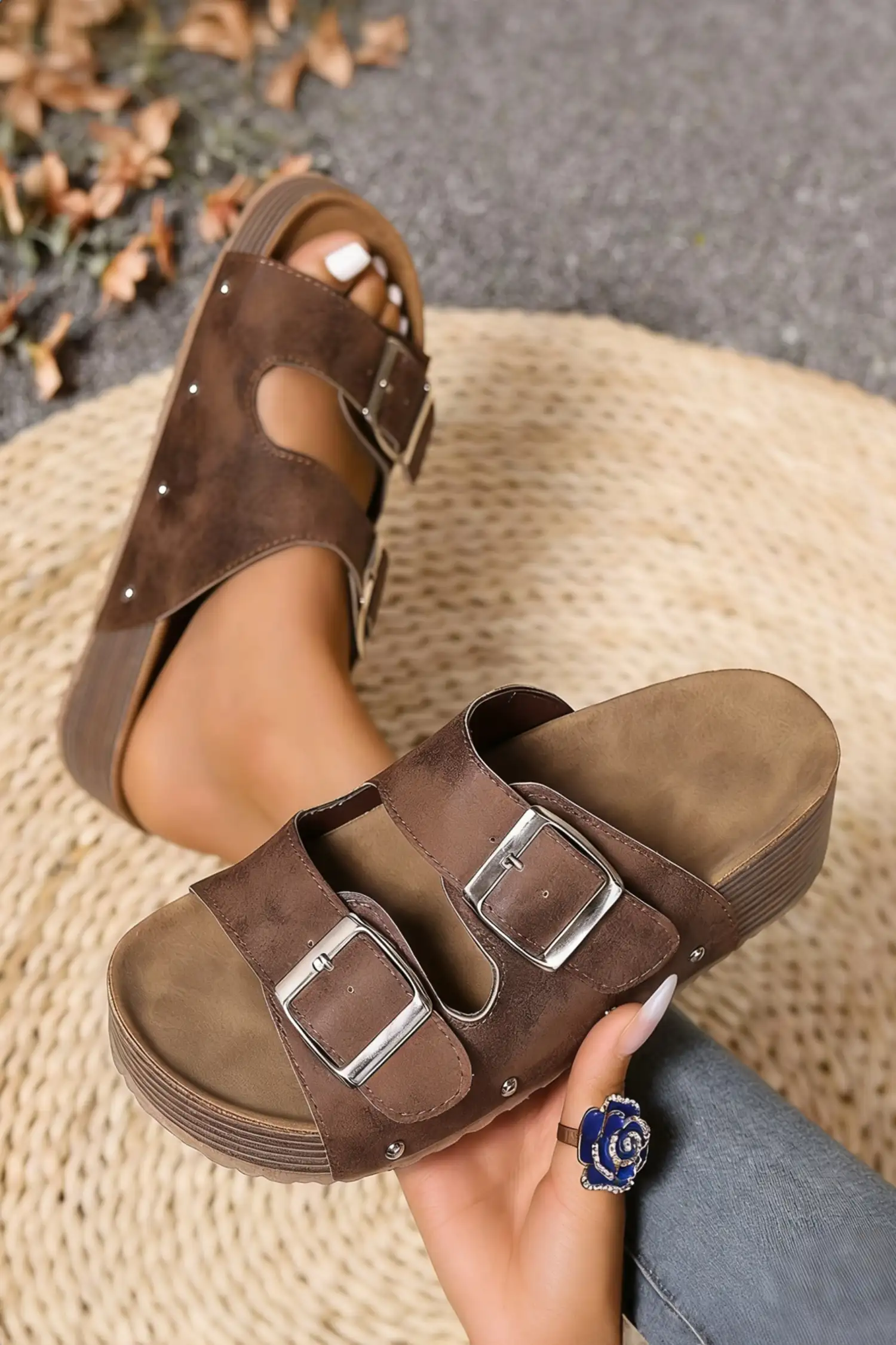 Coffee Retro Buckle Platform Slippers - PU Leather & Faux Suede