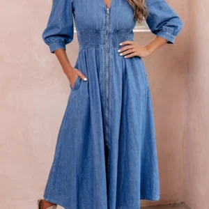 Blue V-Neck Shirred-Waist Denim Midi Dress with Front Zipper