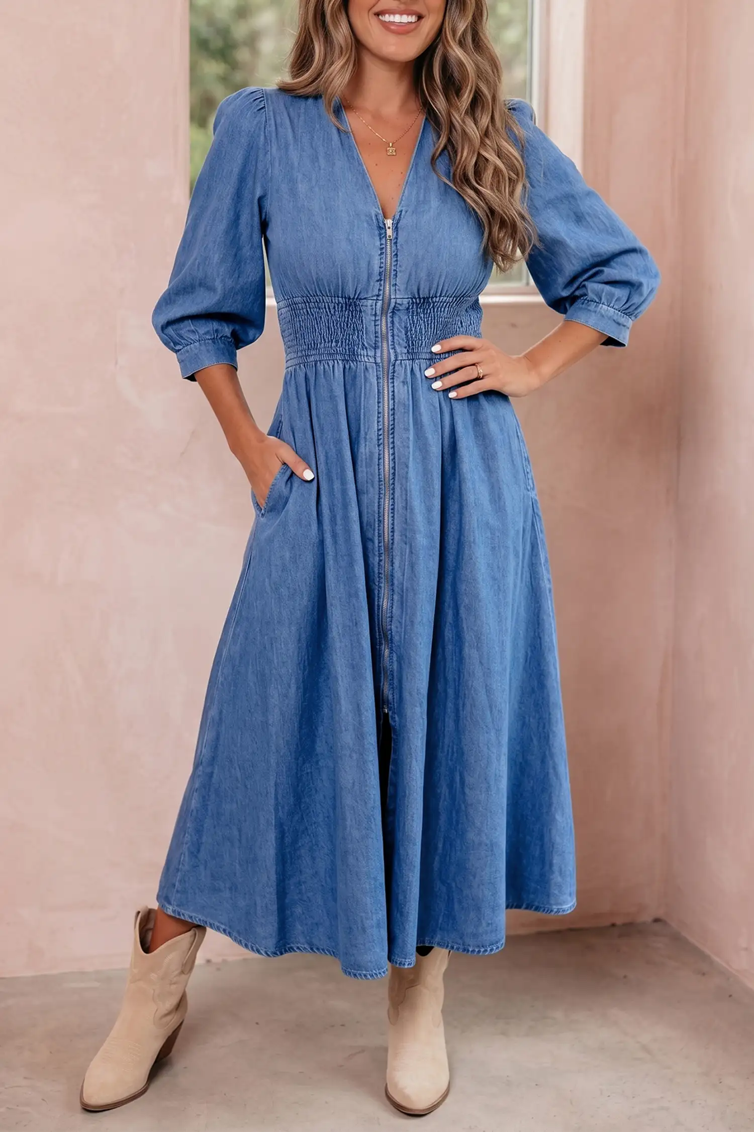 Blue V-Neck Shirred-Waist Denim Midi Dress with Front Zipper