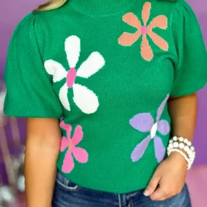 Playful Green Floral Puff Sleeve Sweater for Southern Belle Vintage Style Enthusiasts