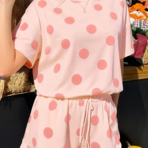 Pink Polka Dot Loose Short Set with Drawstring Waist
