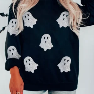 Sparkling Black Glitter Ghost Graphic Crew Neck Sweatshirt for Casual Halloween Celebrations